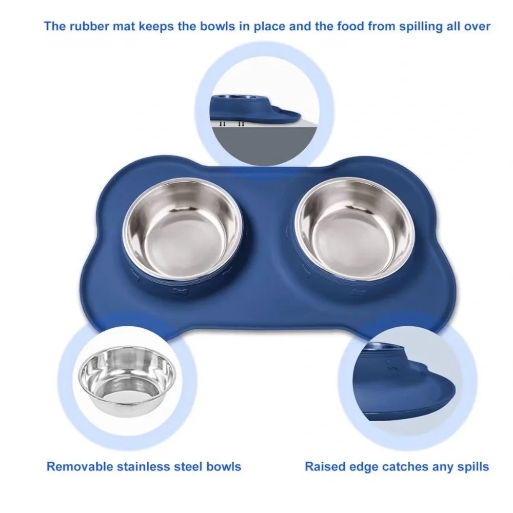 ASFROST Dog Food and Water Bowl Set in Blue - Size SMALL